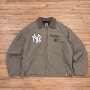 tan brown blanket lined carhartt Detroit jacket with New York Yankees embroidery